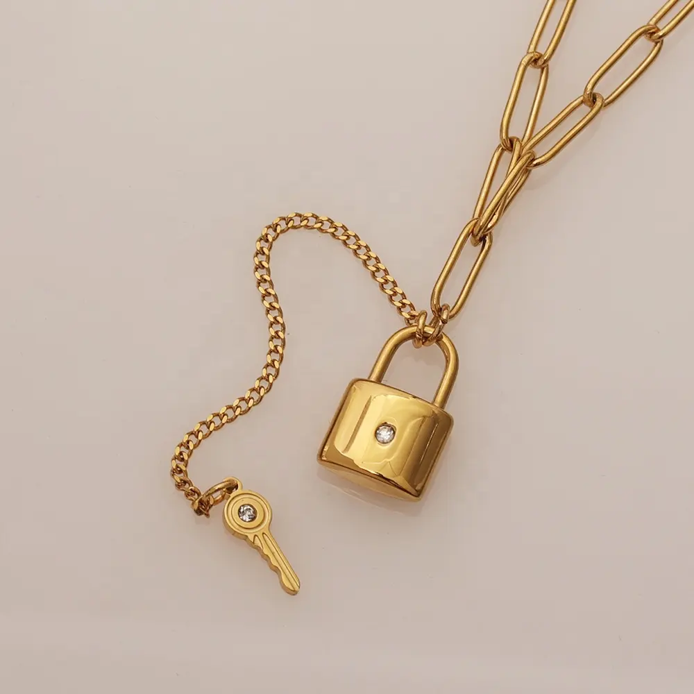 Minimalist Stainless Steel Fine Jewelry Waterproof Tarnish Free CZ Lock and Key Necklace 18K Gold Dainty Lock Pendant Necklace