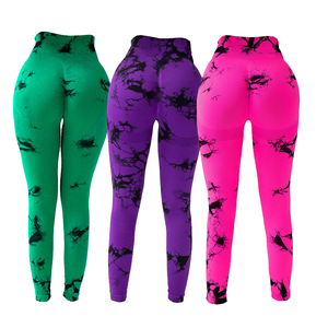 Pantalones de yoga de cintura alta para mujer, con efecto fruncido, tie-dye, sin costuras, de elastano/nailon, elásticos, con efecto push-up, de secado rápido y transpirables. - Product Image 1
