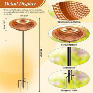 Support de bain pour oiseaux en métal cuivre pour l'extérieur, jardin, bassin martelé à la main, bols pour bains d'oiseaux avec piquet - Product Image 2
