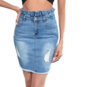 Retro Style Elegant Denim Women Skirt tall ripped raw hem frill denim skirt