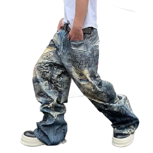 <span class=keywords><strong>Jeans</strong></span> Larghi da <span class=keywords><strong>Uomo</strong></span> YUANBOFEI, Pantaloni in Denim con Stampa Digitale 3D Effetto Graffiti, <span class=keywords><strong>Jeans</strong></span> Dritti a Gamba Larga con Cerniere YKK - Product Image 3