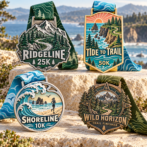 Médailles de finisseur personnalisées pour la course sur sentier et les courses côtières avec des motifs en relief montagne et océan et rubans imprimés personnalisés OEM - Product Image 1