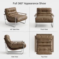 Fauteuil de détente de luxe avec revêtement en cuir véritable, coussins garnis de duvet, base en acier inoxydable, fauteuil d'appoint pour salon