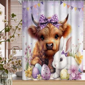 Highland Cow Bunny Easter Design Shower <b>Curtain</b> Cute Polyester Fabric with 12 <b>Hooks</b> for Home Bathroom Decor - Product Image 4