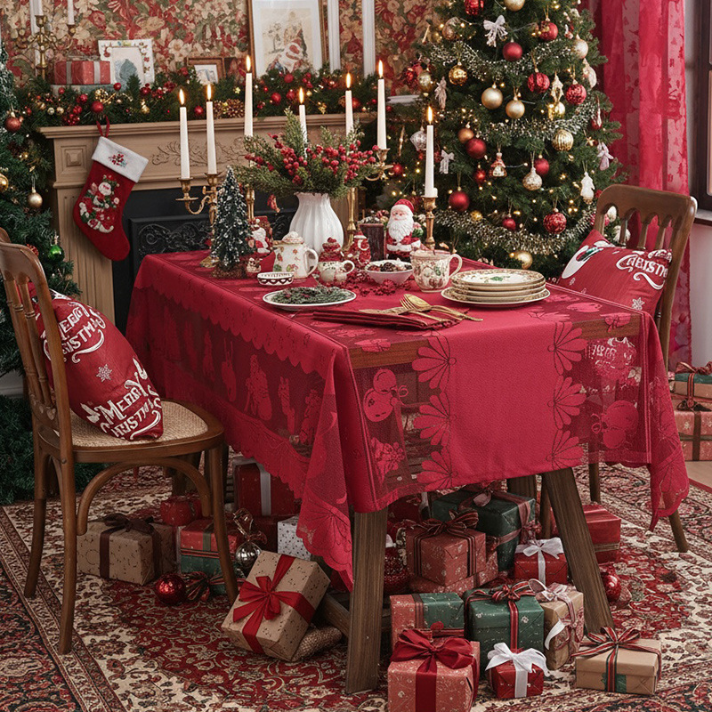 Nappe De Noël Rectangulaire 240x140 Cm – Motif Scène Hivernale (forêt, Chalet, Rennes) – Polyester Lavable Machine – Pour Fêtes, Mariage, Décoration