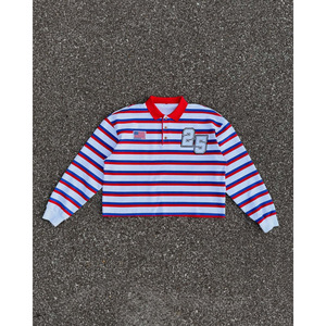 Polo à manches longues rayé pour homme, rouge, blanc, bleu, imprimé numéro 86, style preppy, tricoté en coton respirant - Product Image 1