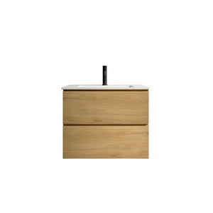 Meuble-lavabo mural moderne 24 pouces en chêne naturel avec vasque en céramique et grand rangement, design flottant - Product Image 1