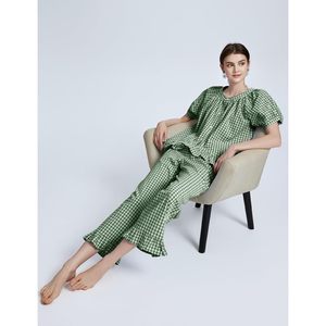 Womens Plaid 2 Piece Pajamas Set Gingham Button <b>Down</b> Short Sleeve Ruffle <b>Pants</b> Lounge Wear Sleepwear - Product Image 6