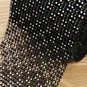 Factory Plastic Bling Black Ab Crystal 24 Rows Rhinestone Net Mesh Roll For Clothing Accessory