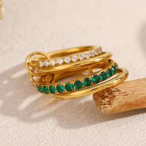18K Gold Plated Stainless Steel Multi Layer Linked Emerald Clear Zircon Stackable <b>Statement</b> <b>Ring</b> For Women Daily Jewelry - Product Image 4