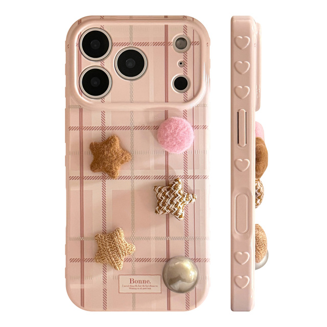 Plush pink Phone case Suitable for Iphone17/Air/pro/max/16/PLUS/15/14/13/12/11 TPU Korean Grid Pattern Niche