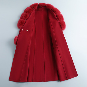 Manteau long en laine cachemire pour <span class=keywords><strong>femme</strong></span>, élégant, avec col en <span class=keywords><strong>fourrure</strong></span> de renard duveteuse, double face, en laine rouge - Product Image 3