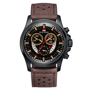 Montre robuste de style pilote pour homme, chronographe, boîtier noir, index dorés, bracelet en cuir - Product Image 6