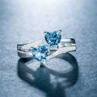 Bague en cuivre plaqué platine avec zircon double cœur romantique pour fiançailles, mariage, cadeau, bijoux en argent