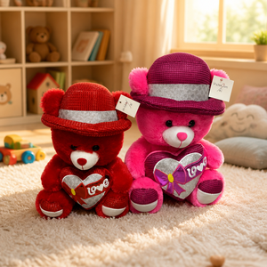 Set de Osos de Peluche Suaves Personalizados al por Mayor con Gorro a Cuadros y Decoración de Corazón LOVE, Osos Lindos Rojos y Fucsia para <span class=keywords><strong>el</strong></span> Día de San Valentín - Product Image 2