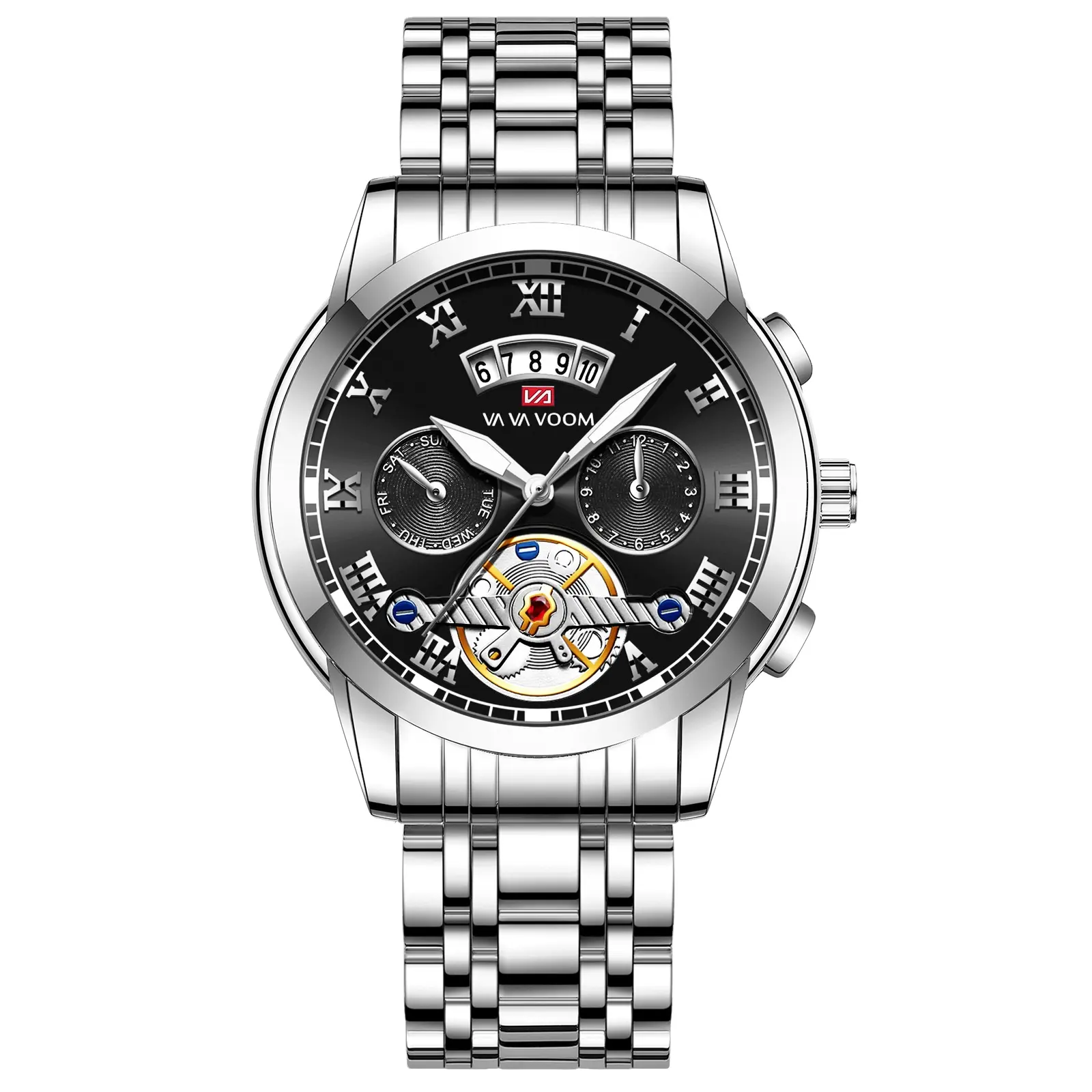 Va va voom Rỗng ra Tourbillon thiết kế ba chiều hai lớp lịch người đàn ông thép không gỉ thạch anh xem làm mới