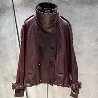 Vestes surdimensionnées à double boutonnage en cuir d'agneau véritable grainé bordeaux pour femmes