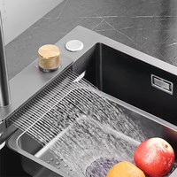 Évier de cuisine moderne noir à cuve unique avec robinet, design cascade multifonction, en acier inoxydable 304 monobloc