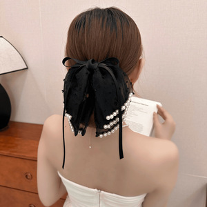 Korean style mesh hair <b>clip</b> for baby girls, new retro beaded multi-layered <b>bow</b>, small back of head shark <b>clip</b> for thicker hair. - Product Image 3