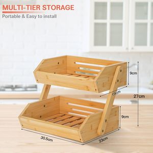 Double Layer Bamboo Fruit Rack With Drainage <b>Kitchen</b> Countertop Storage Vegetable Basket Eco Friendly Square Design - Product Image 4