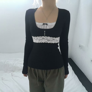 Camiseta Vintage Y2K de Encaje para Mujer, Corte Regular, Cuello Cuadrado, Manga Larga, Tejido Elástico, Casual, Favorecedora, Transpirable y Ecológica - Product Image 4