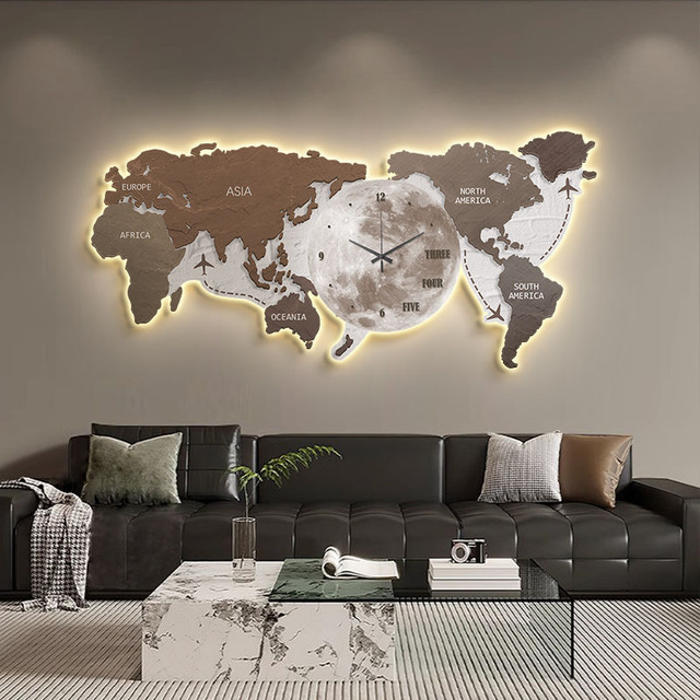 LED Art Deco World Map Decorative Painting Clock Modern Sofa Background Wall Hanging for Birthday Anniversary Living Room Home