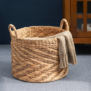 Isidore Round Water Hyacinth Seagrass Woven Basket With Handles 15 X 15 X 11.8 Natural Brown For <b>Clothes</b> Towels <b>Storage</b> - Product Image 4