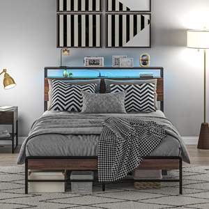 DB para gran oferta Marco de cama Queen con luces LED Cabecero Plataforma Marco de cama Estación de carga y estante de almacenamiento de 3 niveles Cama de metal - Product Image 2