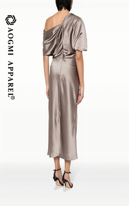 Alta costura de lujo para mujer, verano, Color sólido, hombro asimétrico, hasta la rodilla, vestido hasta el té, tafetán de seda 100%, antiarrugas - Product Image 5