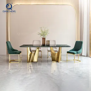 Qiantong - Conjunto de jantar luxuoso em aço inoxidável para casa, mesa de jantar em mármore verde natural, novo design, luz