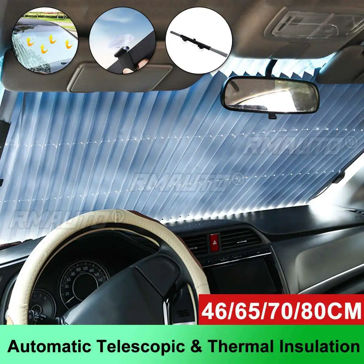 Parabrisas delantero telescópico automático para coche, parasol plegable, aislamiento térmico/ajuste Anti UV para coche/hogar, 46cm, 65cm, 70cm, 80cm