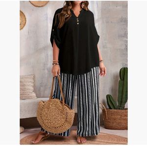 <span class=keywords><strong>Ensemble</strong></span> deux pièces pour femmes de <span class=keywords><strong>grande</strong></span> <span class=keywords><strong>taille</strong></span> de style européen et américain, comprenant un haut à col en V et un pantalon imprimé - Product Image 1