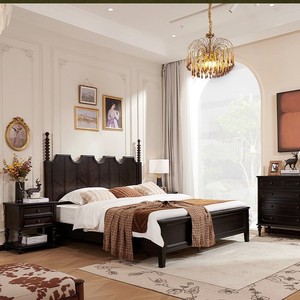 Cama de Madera Maciza Eri de 1.8m, Estilo Rústico Francés, con Plataforma Tallada a Mano en Caoba, Muebles para Dormitorio - Product Image 2