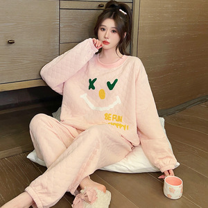 Automne et hiver air coton pyjamas en couches à manches longues Air coton laminé épaissi chaud maison vêtements grande taille costume - Product Image 4