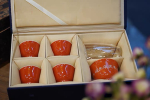 Set da Tè in Porcellana Rosso Corallo Ispirato all'Antico - Gaiwan Intagliato a Mano con Poesia e Tazze Abbinate - Product Image 3