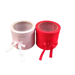 Cylinder Gift Boxes With Clear Window Pink And <b>Red</b> Rigid Paperboard Box With Satin Ribbon High-End Craft Packaging - Product Image 1