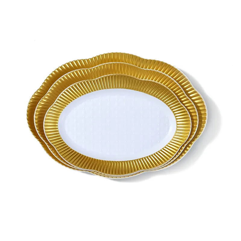 Atacado Luxo Golden Rim Bandeja Decorativa Retângulo Branco Placas Hotel Casamento PP Plástico Ouro Bandeja