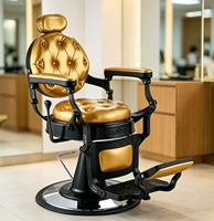 Fauteuil de barbier élégant au design capitonné vintage en cuir doré, réglable en hauteur, pour salon de coiffure commercial pour hommes