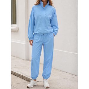 Ensemble de survêtement 2 pièces personnalisé pour femme, bleu clair, manches longues, couleur unie, veste coupe-vent et pantalon, tenue décontractée - Product Image 5