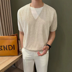 T-shirt en tricot à manches courtes et col en V pour homme, couleur abricot, MLXL2XL, vêtements décontractés pour jeunes - Product Image 3