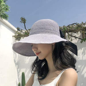 Chapeaux de <span class=keywords><strong>soleil</strong></span> pliables voyage plage Protection UV noeud papillon chapeau de paille mode dame été tricoté haut vide grand bord chapeau de paille - Product Image 5