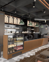 Comptoir de présentation Brutaliste personnalisé, moderne et luxueux, en marbre, verre et bois, pour boulangerie-café, design d'intérieur complet pour magasin