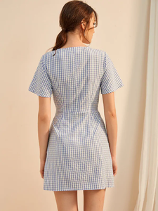 All'ingrosso abbigliamento moda donna estate manica corta cravatta anteriore fiocco <span class=keywords><strong>blu</strong></span> Plaid <span class=keywords><strong>MIni</strong></span> abiti - Product Image 4