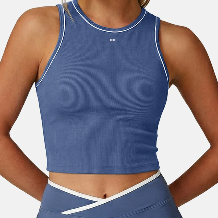 OEM Custom High Elastic Vertical Stripe Contrast Color Line Decor Round Neck Women Sports Tank Top for Yoga Fitness Daily Sports