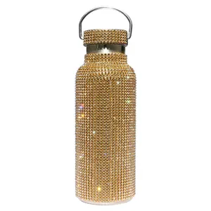 चमकदार चमकदार रंग का स्टाइलिश स्फटिक पुन: प्रयोज्य वैक्यूम इंसुलेटेड डायमंड पानी की बोतल स्पोर्ट स्टेनलेस स्टील 500 मि.ली
