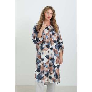 Chemise décontractée longue pour femme, col boutonné, imprimé, coupe oversize -10702TUN-NAVY - Product Image 4