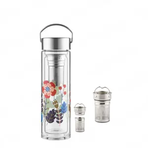 Double Wall Glass Travel Tea Mug with Stainless Steel Filter Tea Infuser Bottle with Strainer for Loose Leaf Tea Fruit Water