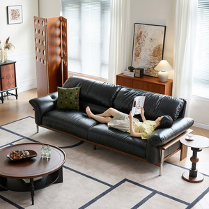 mid century JO black top grain oil wax leather solid wood frame sofa for small living room - Product Image 1