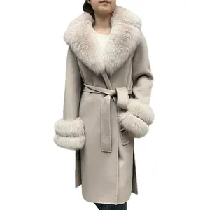长而花哨的设计大狐狸毛领女100% 羊毛外套羊绒外套