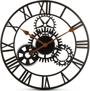 Wall Clock 20 Inch Decorative Wrought Iron, Silent Quartz Industrial Gears Black Rustic Metal Roman Numeral European Steampunk